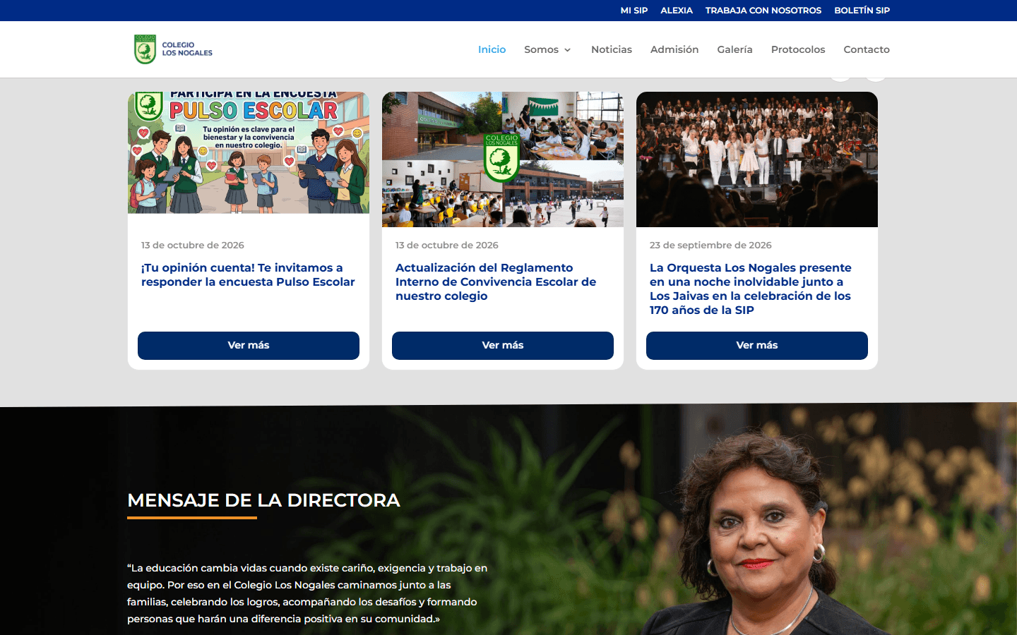 Secciones de admisión y noticias